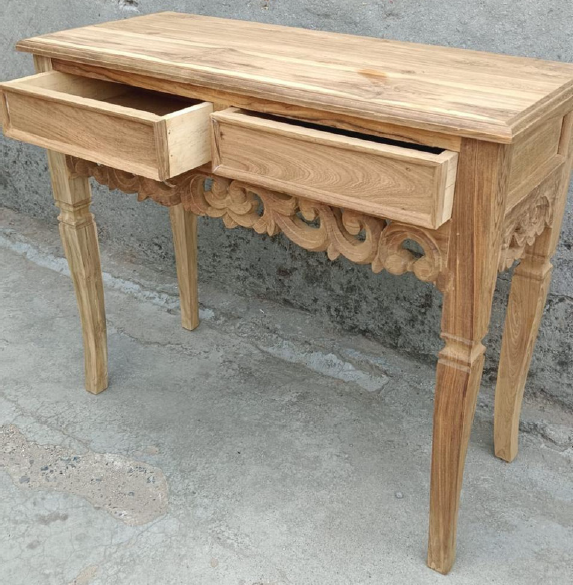 Carved Wooden Console Table with Two Drawers